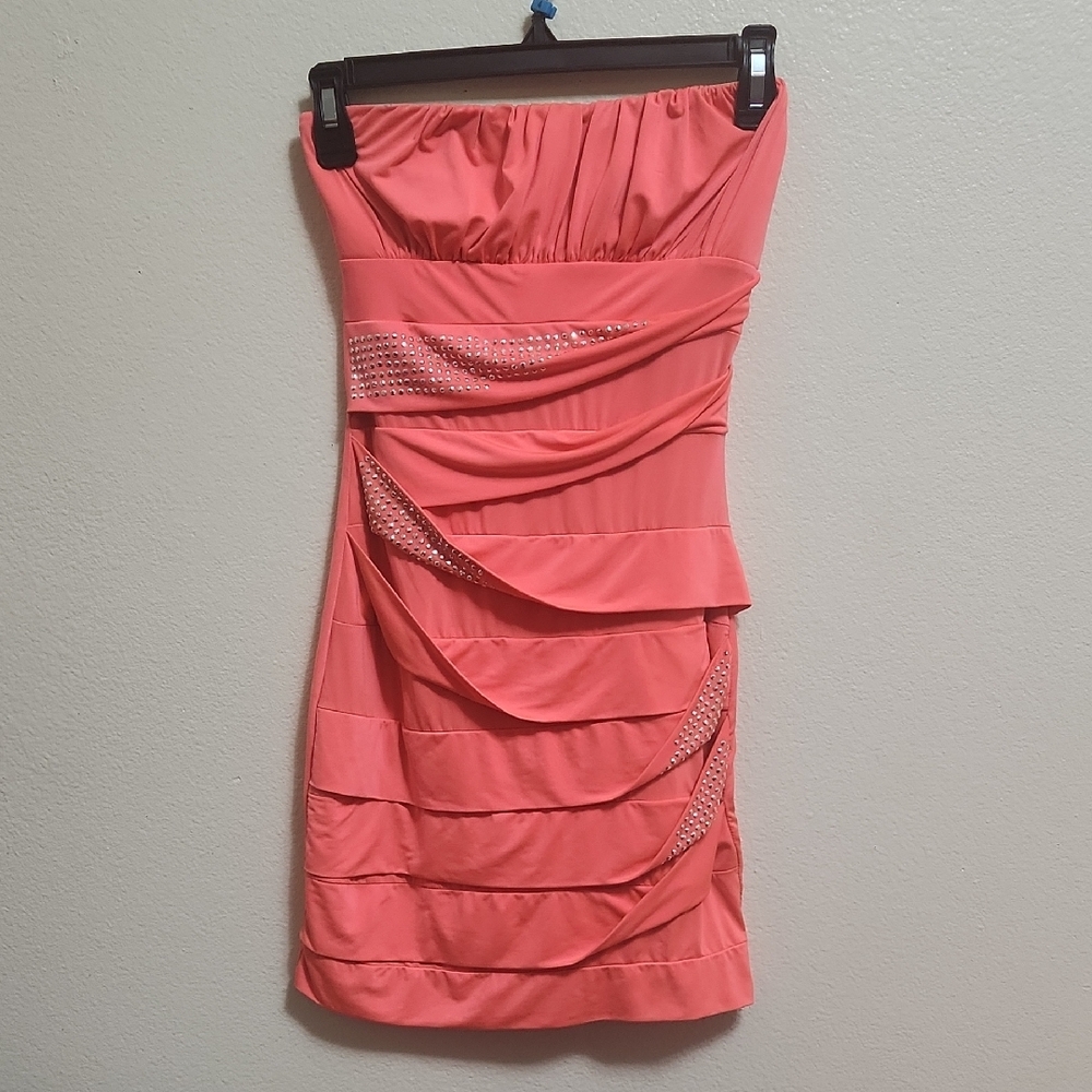 Y2K Vintage Deb Strapless Ruched NEON Orange Mini Dress Rhinestones S Party - Picture 12 of 16